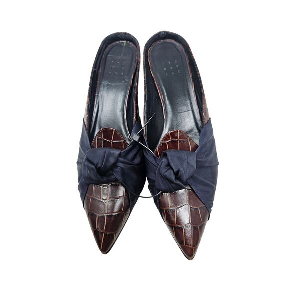 Trademark 38.5 Adrien Tie Mules Brown Croc Embossed Navy Slide Wedge Minimalist - Picture 2 of 5